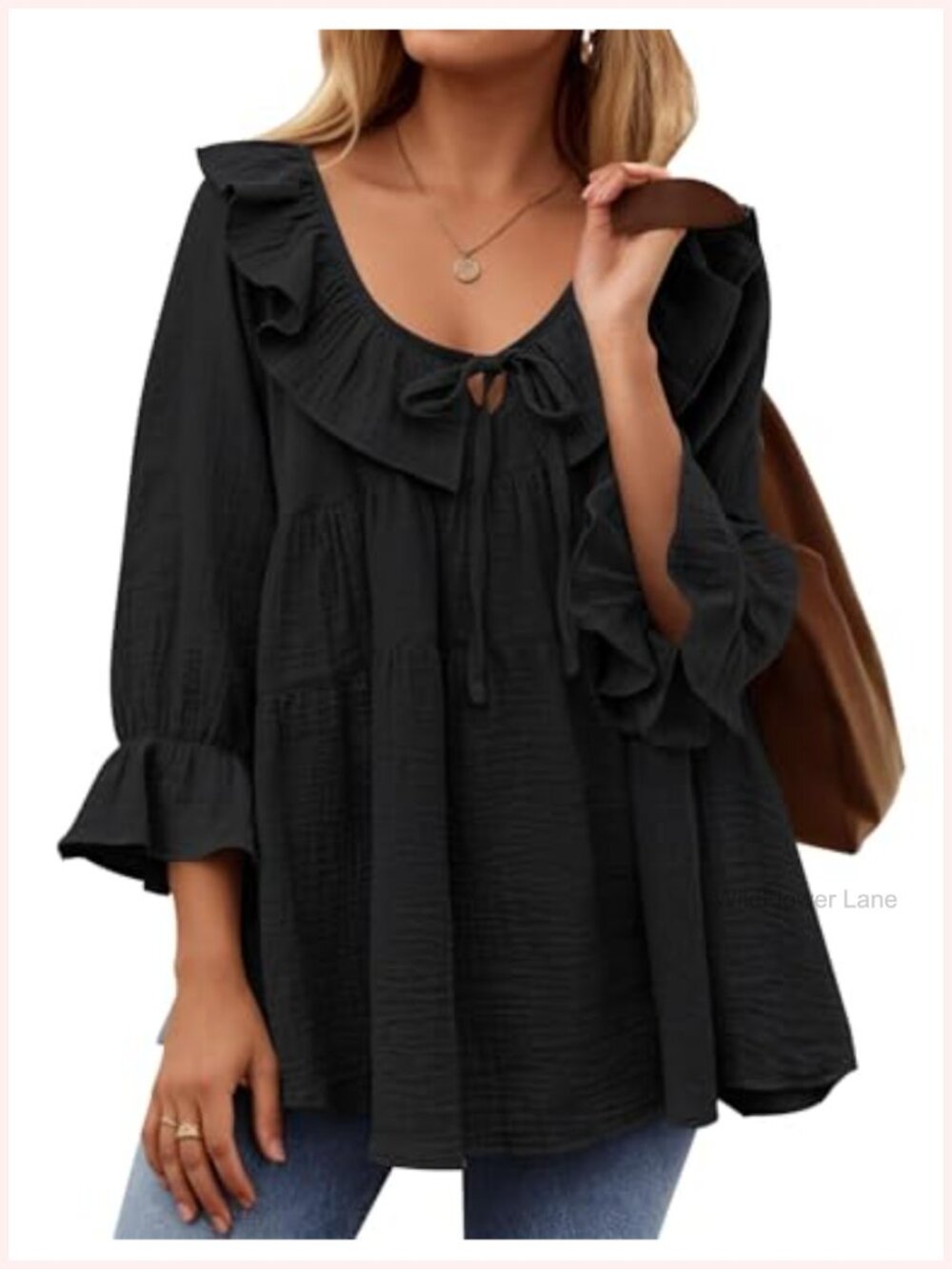 Flowy Boho Ruffle Tunic Blouse 3/4 Puff Sleeve Tie Front